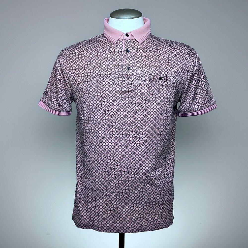 R1 PAR SIMONS Geometric Print Golf Polo L Liquid Cotton Pink Black